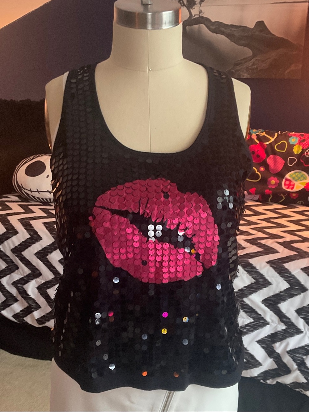 Almost Famous Black Sequin Tank with Pink Lip Sequin Motif
